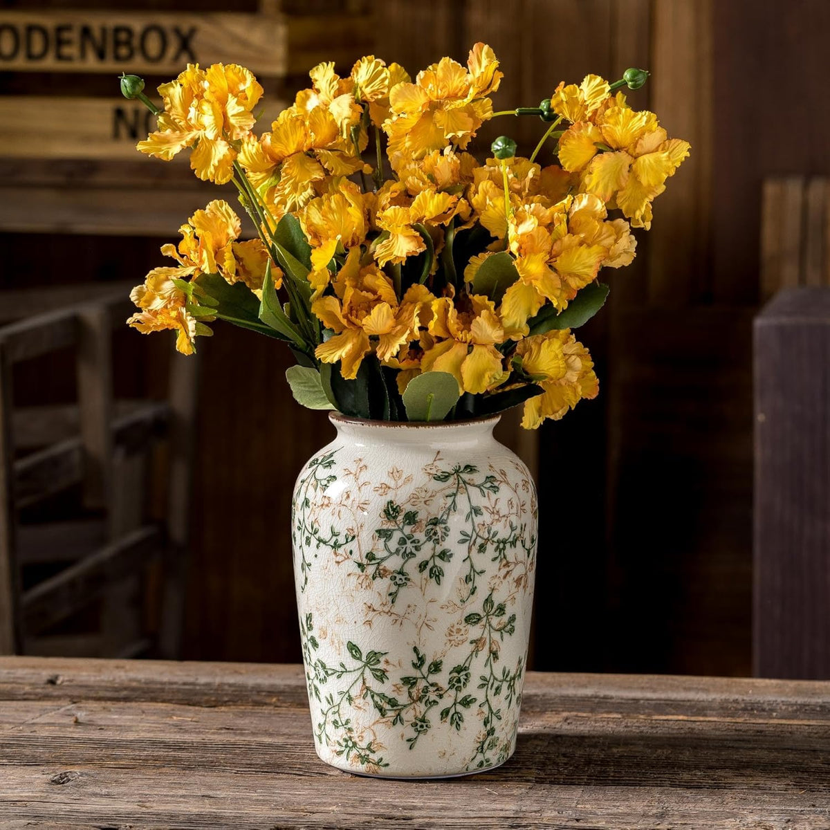 Vintage Pastoral Green and Beige Vase, Round Ceramic Floral Vases, Retro Ice Cracked Chinoiserie