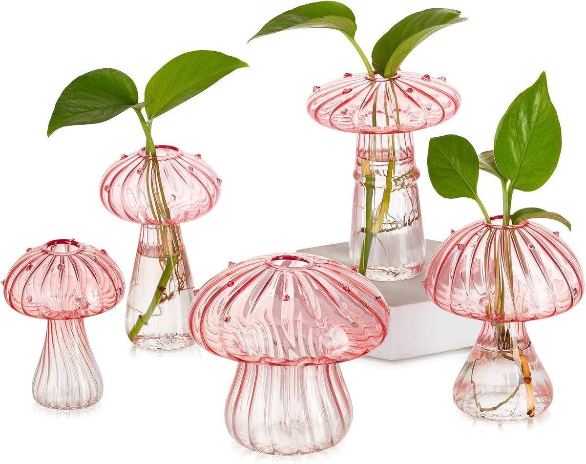 Glasseam Mushroom Plant Propagation Stations: Pink Glass Terrarium Jar Set of 5 Cute Planters for