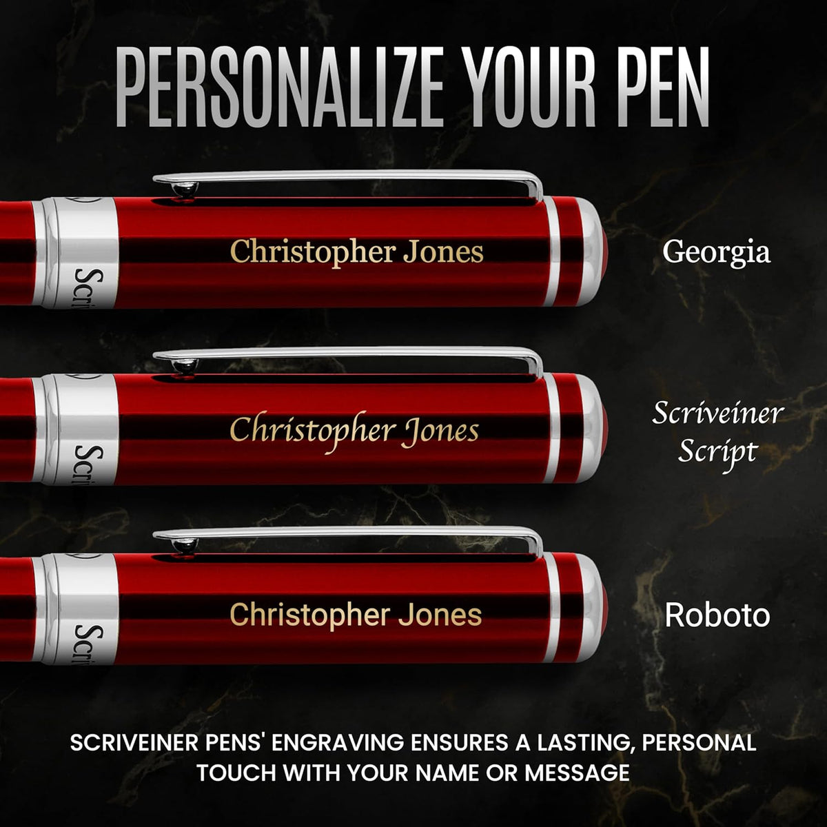 Scriveiner Personalized Deep Crimson Red Pen - Stunning Red Lacquer Luxury Pen with Chrome