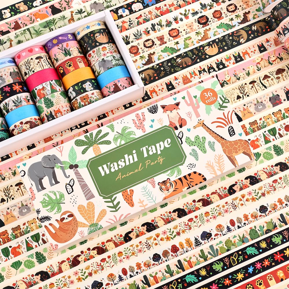 36 Rolls Animal Theme Washi Tape Set, Colorful Cute Adorable Animals Writable Decorative Tapes for