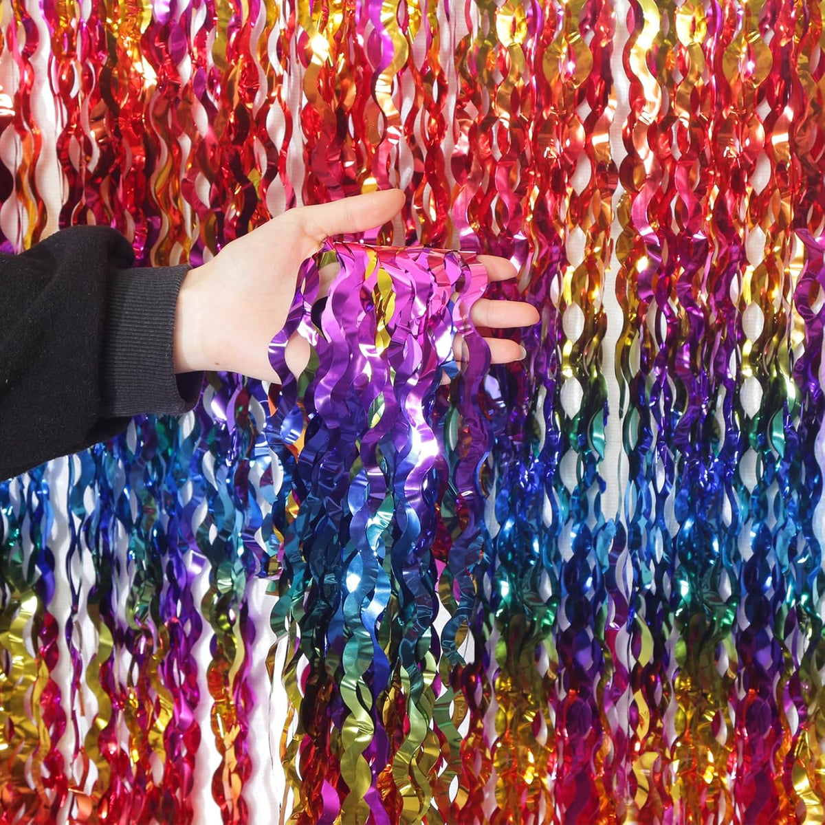 4 Pack Wavy Rainbow Foil Fringe Curtain | 3.3x6.6ft Colorful Tinsel Metallic Streamers Holiday