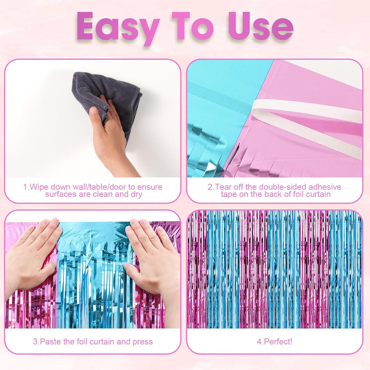 3 Pack 3.3x8.2 Feet Blue and Pink Foil Fringe Backdrop Curtains, Tinsel Streamers Birthday Party