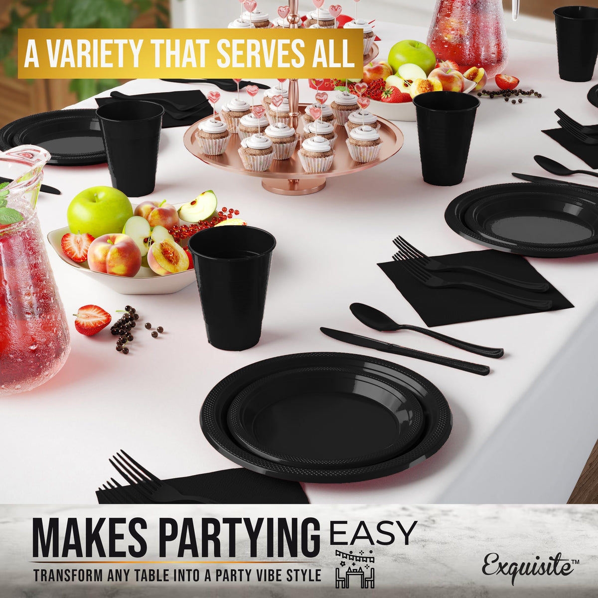 350 Pcs Black Plastic Plates For Party, Black Disposable Plates Set, 50 Of Each 9" Dinner Plate
