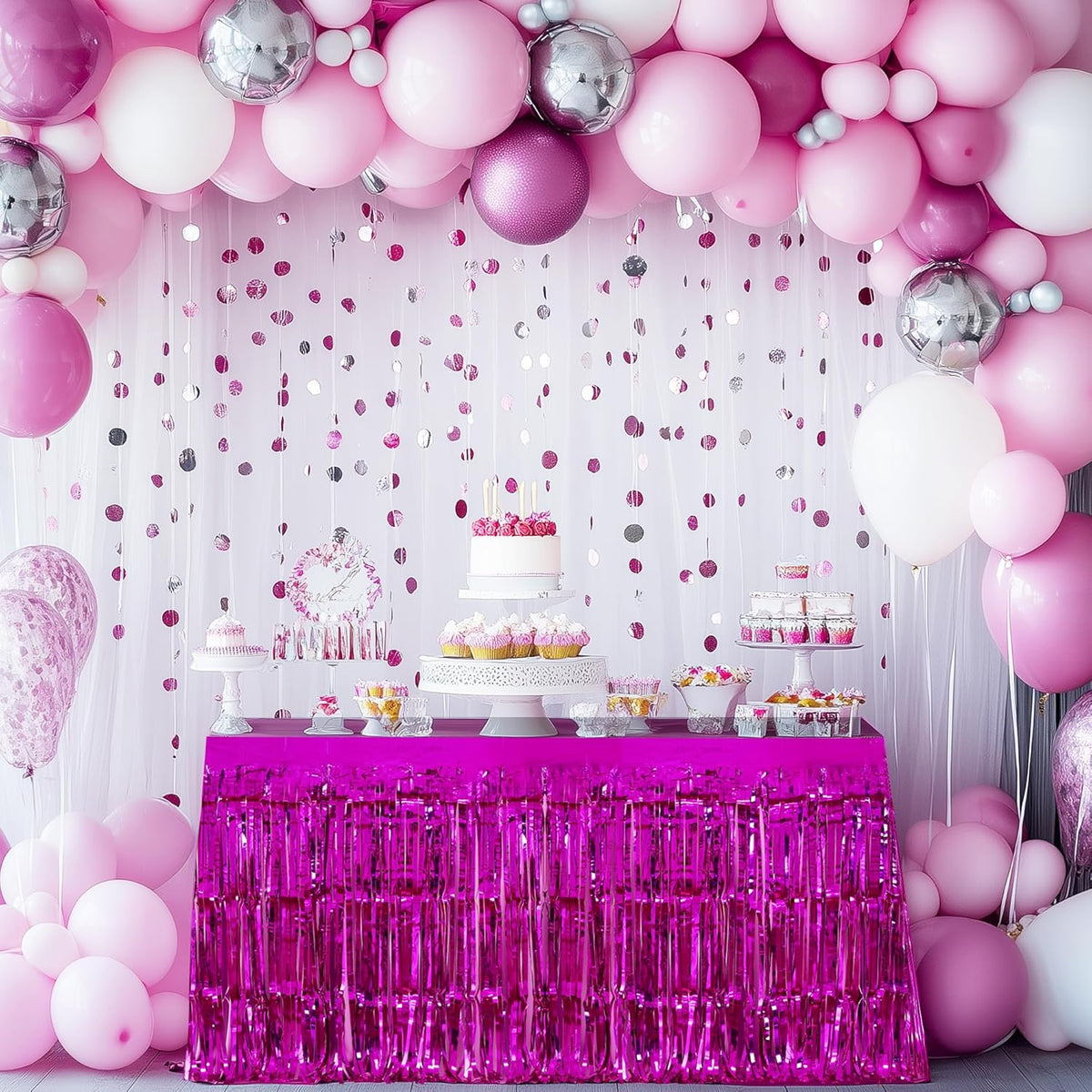 2 Pack Rose Red Table Skirts, 29x108" Metallic Foil Tinsel Fringe Table Skirts for Rectangle Tables