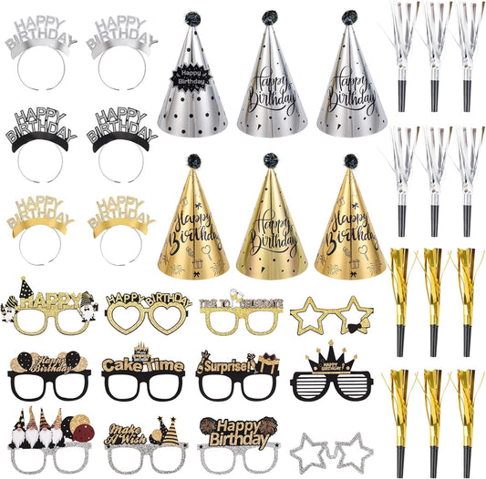 36 Pcs Black Golden Birthday Party Hats Set Includes 6 Party Cone Hats 6 Birthday Headband 12 Paper