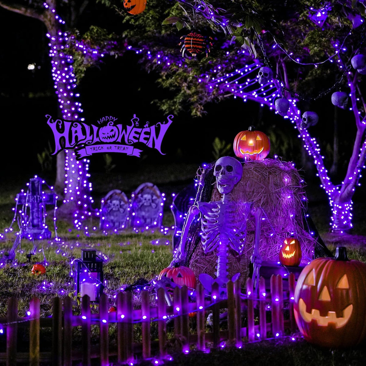 JMEXSUSS 163 FT 500 LED Purple Halloween Lights, 8 Modes Purple Light Indoor Outdoor Waterproof