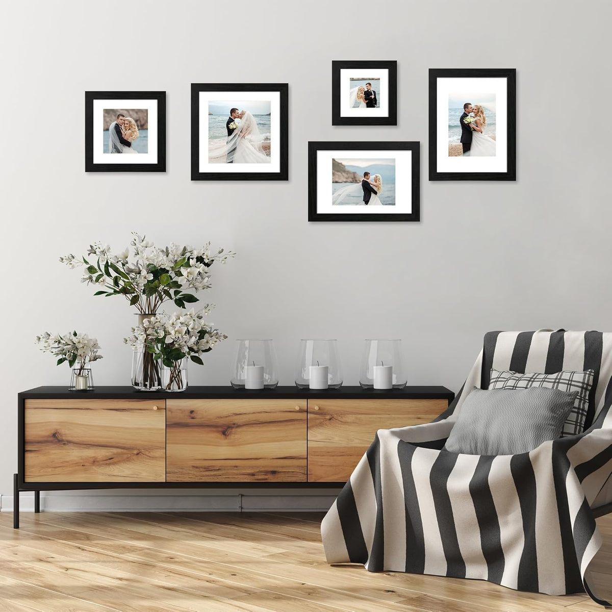 8x12 Picture Frame Set of 4 with HD Glass, Black Frame Display 6x8 Picture with Mat or 8 x 12
