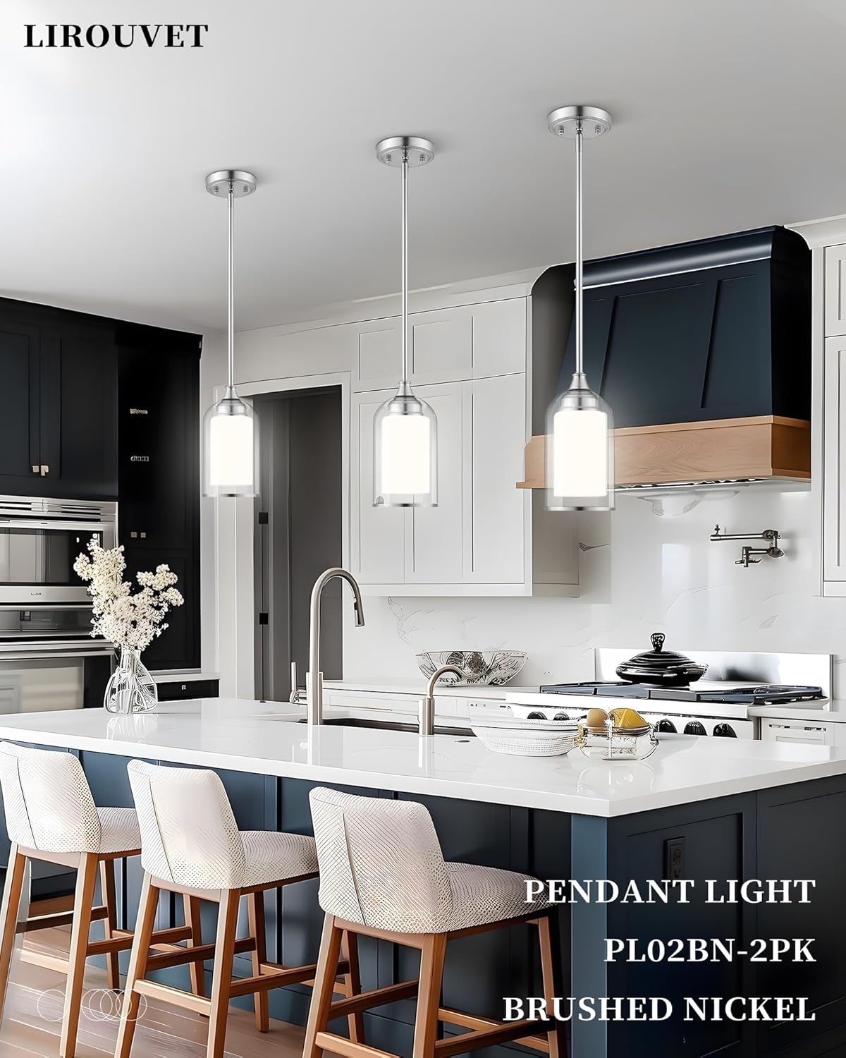 LIROUVET Modern Pendant Lights - Dual Glass Pendant Lights Kitchen Island, Brushed Nickel Hanging