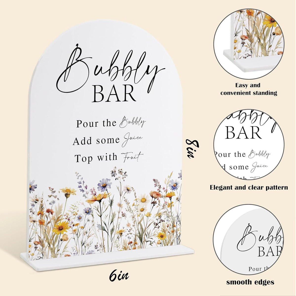 Wedding Signs for Ceremony and Reception, Boho Floral Acrylic Bubbly Bar Sign, Wedding Signage with