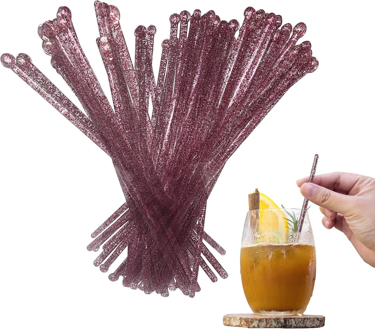 Coffee and Cocktail Stirrers, Reusable Plastic Drink Stirrer Sticks, 100 Ball Head Swizzle Sticks