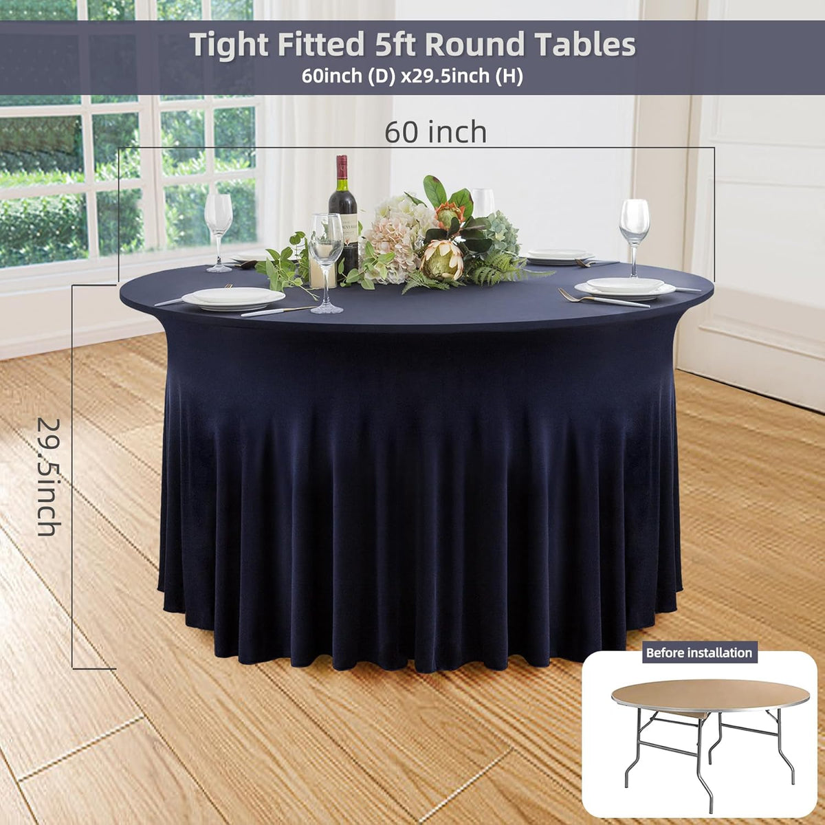 6 Pack Navy Blue Round Spandex Tablecloth 60 Inch, Wrinkle Free Stretch 120 Inch Fitted 5ft Navy