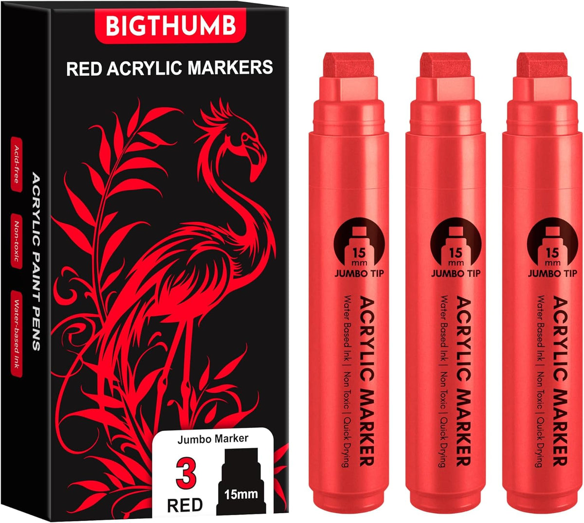 3 Pcs Red Jumbo Permanent Markers: 15mm Wide Tip Thick Acrylic Paint Pen Large Calligraphy Marker