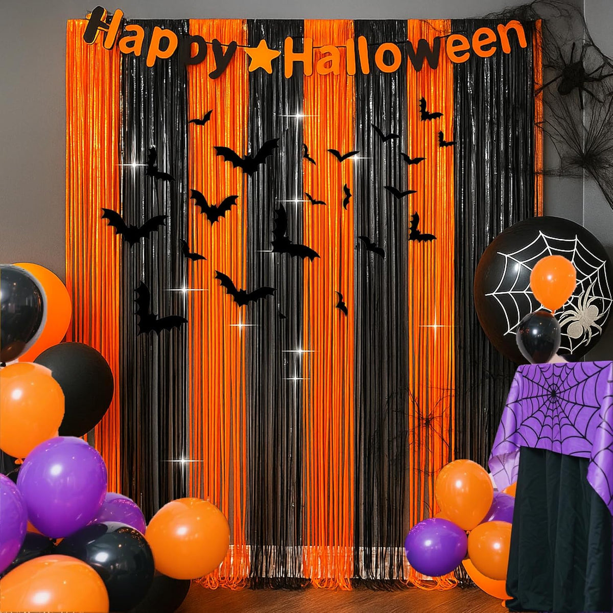4 Packs Halloween Foil Fringe Curtain, Orange and Black Metallic Tinsel Backdrop for Birthday, Baby