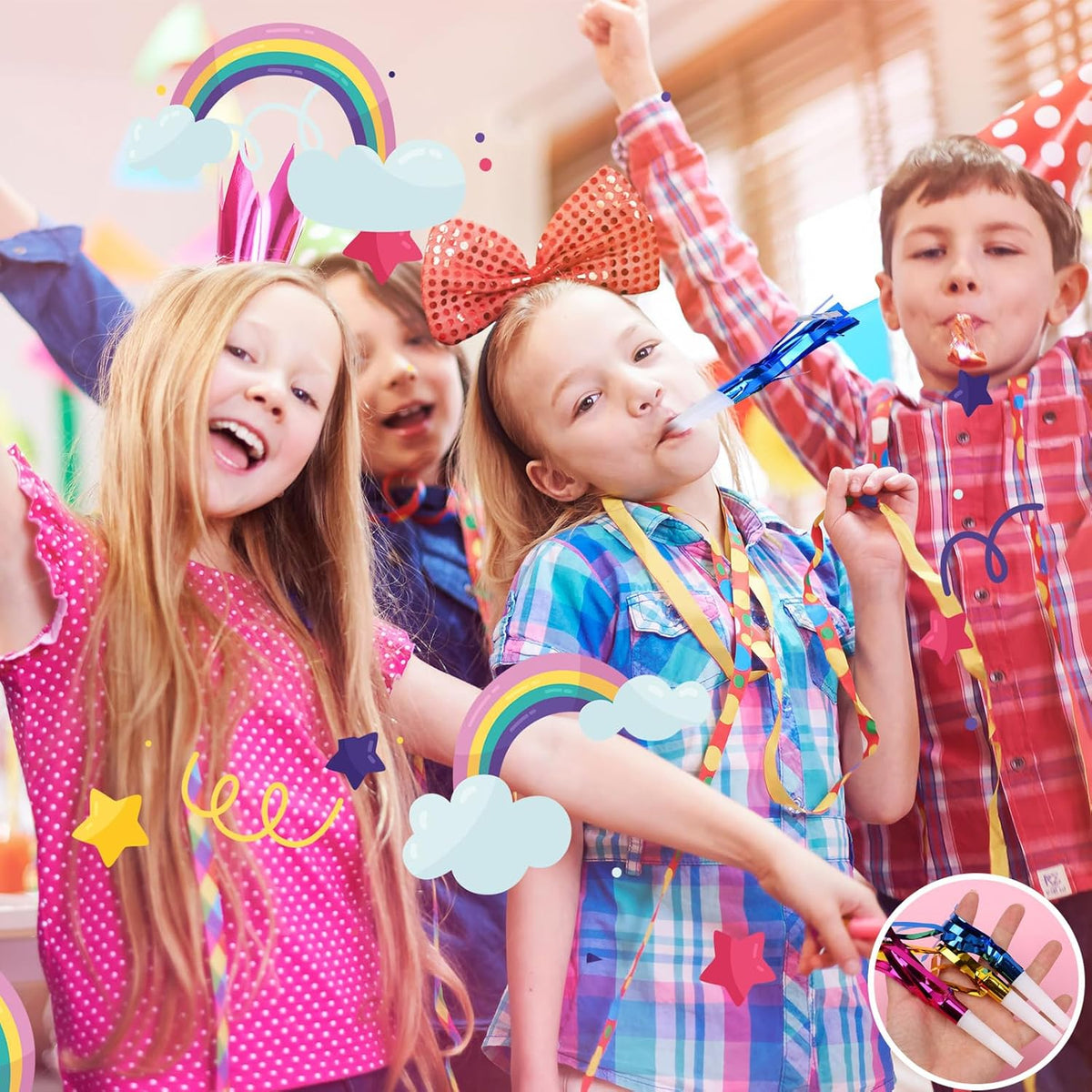 24 Pcs Glitter Noisemakers, Metal Tassel Music Birthday Blowers, Horn Whistles Party Favors Blow