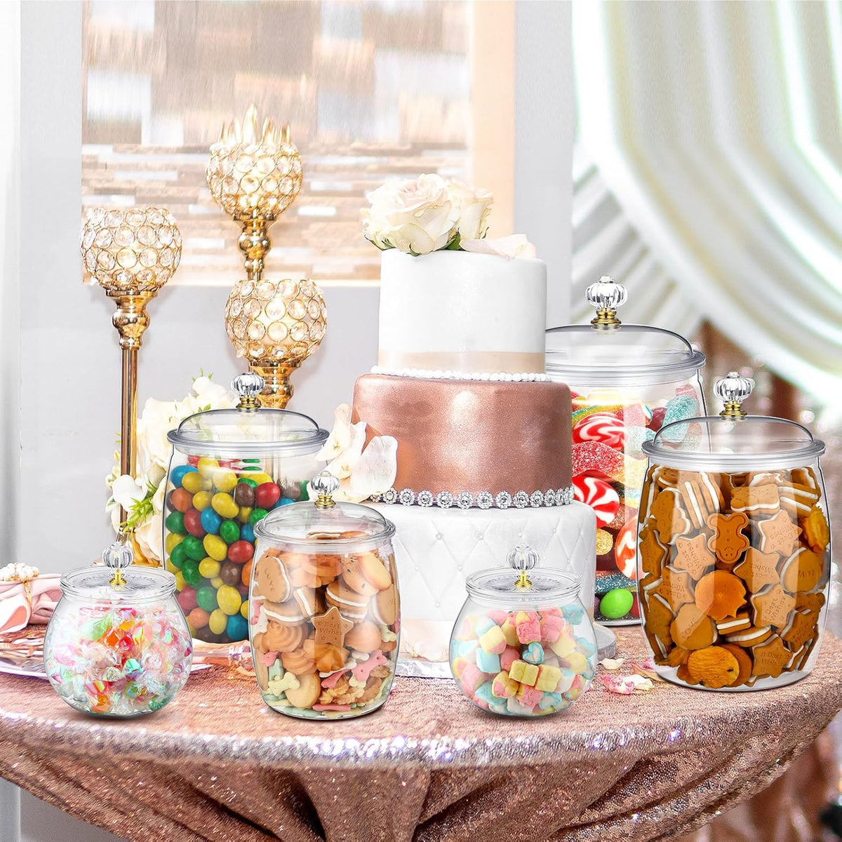 Nuogo 6 Pcs Plastic Candy and Cookie Jar with Lids Decorative Apothecary Jars Candy Buffet