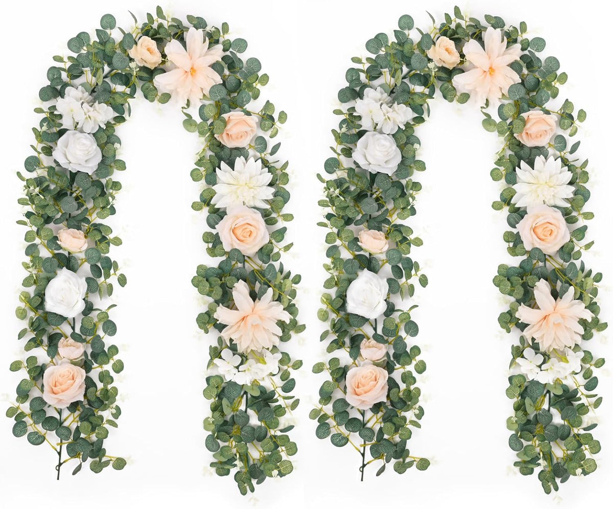 Waipfaru 2Pcs 6.07Ft Eucalyptus Greenery Garland with Flowers, Dusty Blue and White Rose Flower