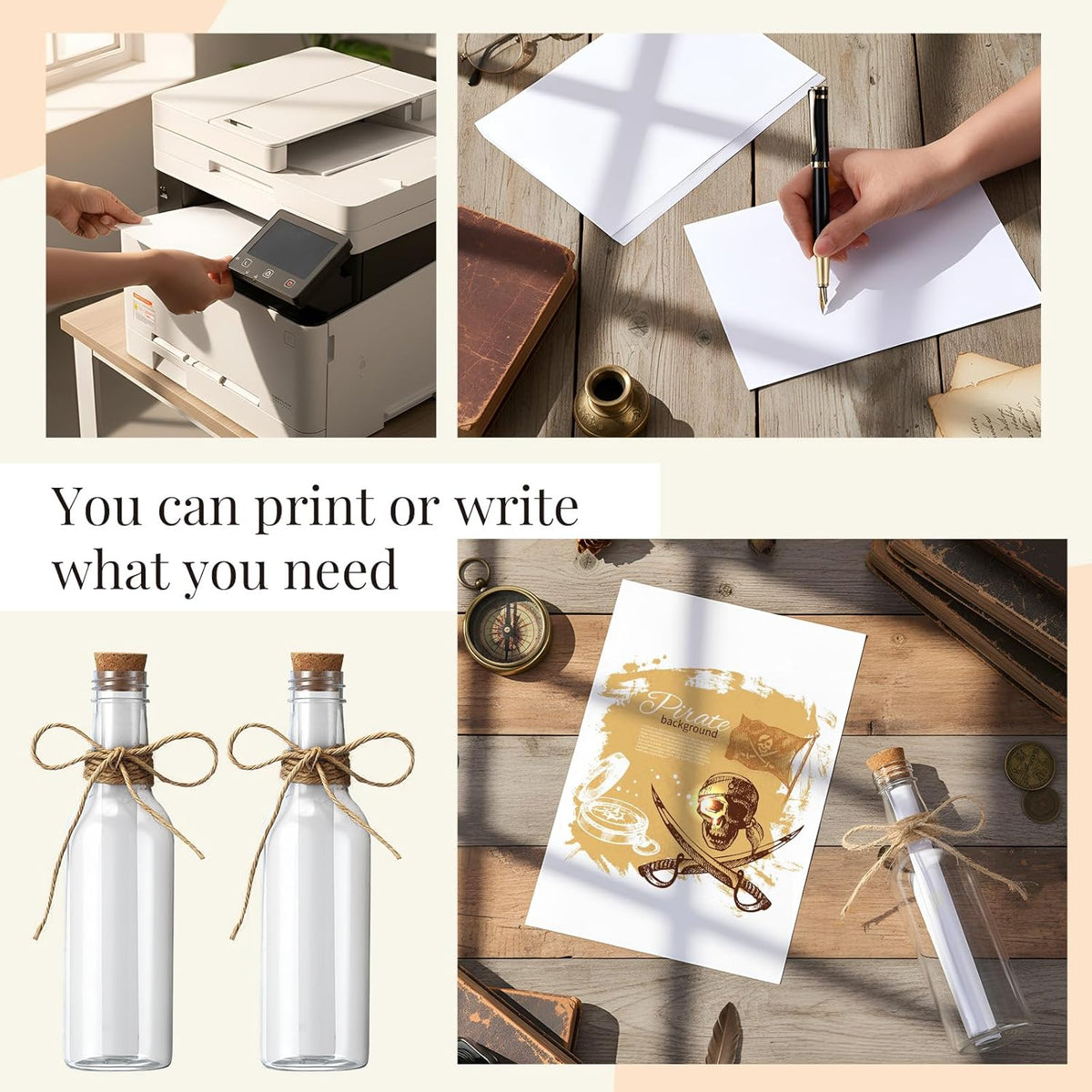 Baderke 24 Pcs 5.6 oz Message Bottles with Letter Printer Paper Plastic Bottles & Corks Twines for