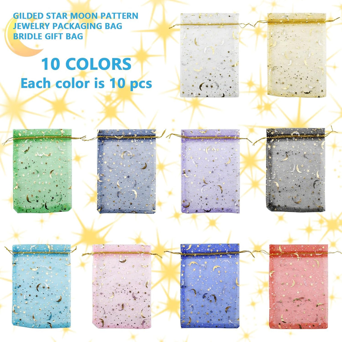 SHRJ 100pcs 10 Colors Organza Sheer Bags with Drawstring for Wedding, Valentine, Halloween
