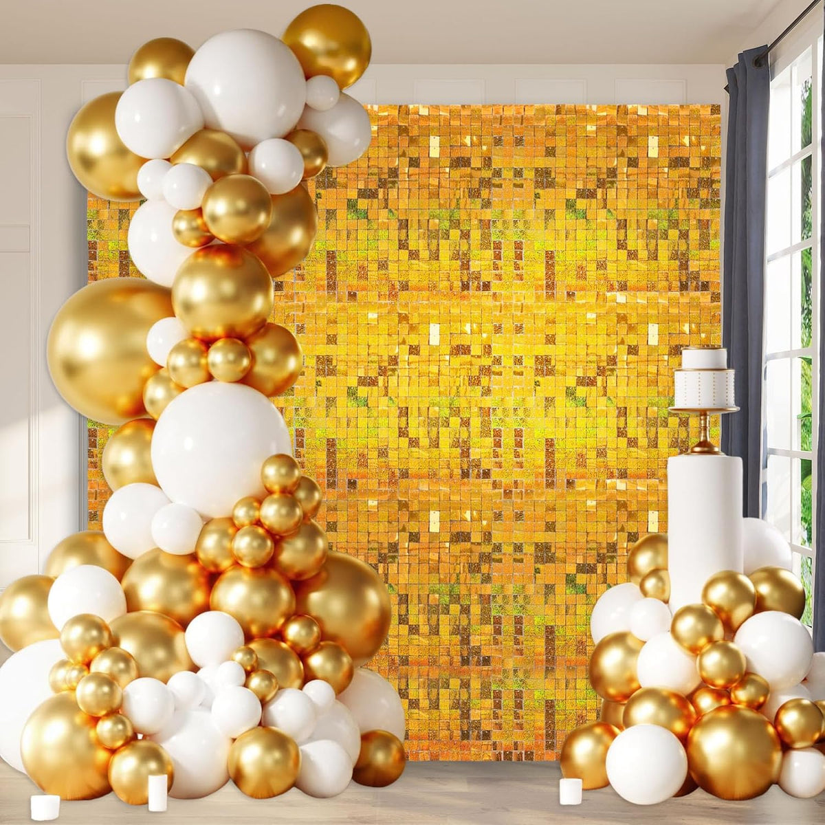 12PCS Gold Shimmer Wall Backdrop, Laser Square Sequin Photo Backdrops Panel, Glitter Wall