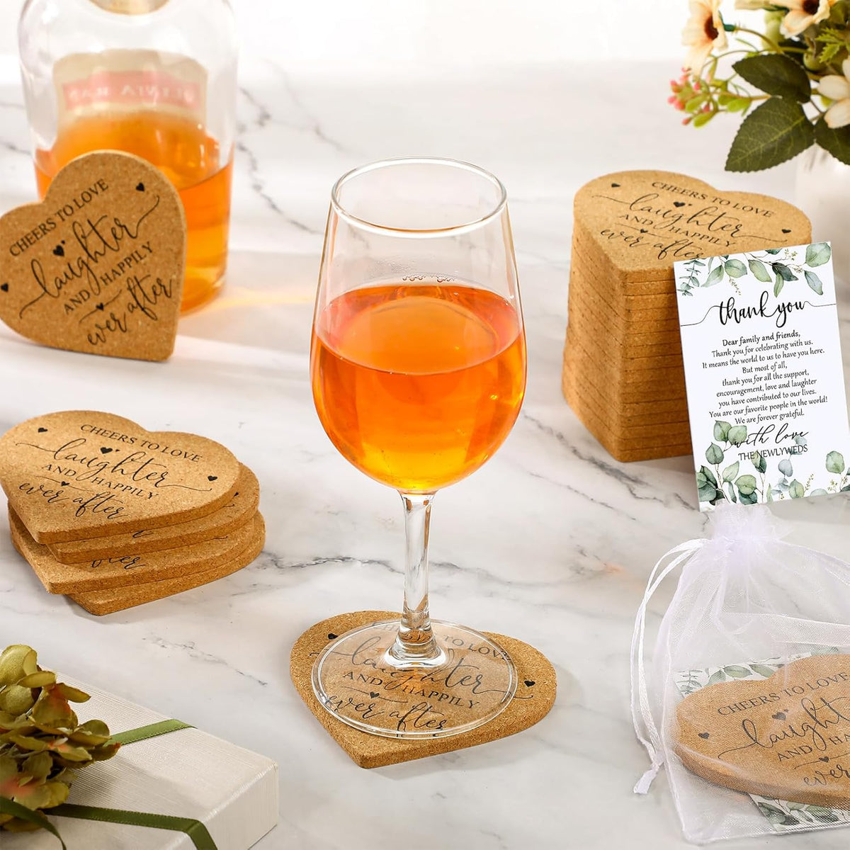 Uiifan 100 Set Wedding Favors for Guest Coaster Gifts Bulk Heart Shaped Coasters Thank You Cards