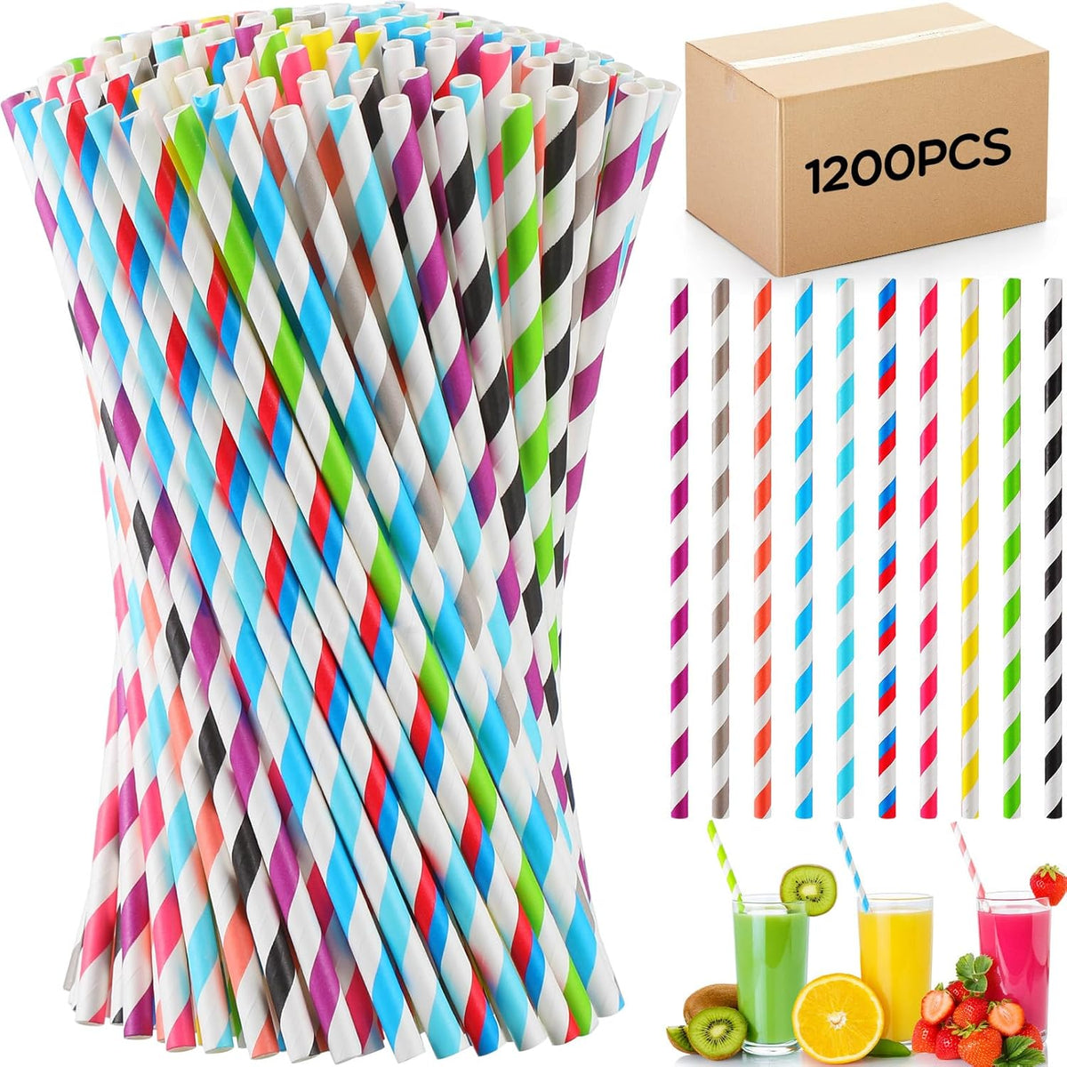 Eaasty 1200 Pcs Colored Paper Straws Bulk Disposable Striped Drinking Paper Straws for Summer