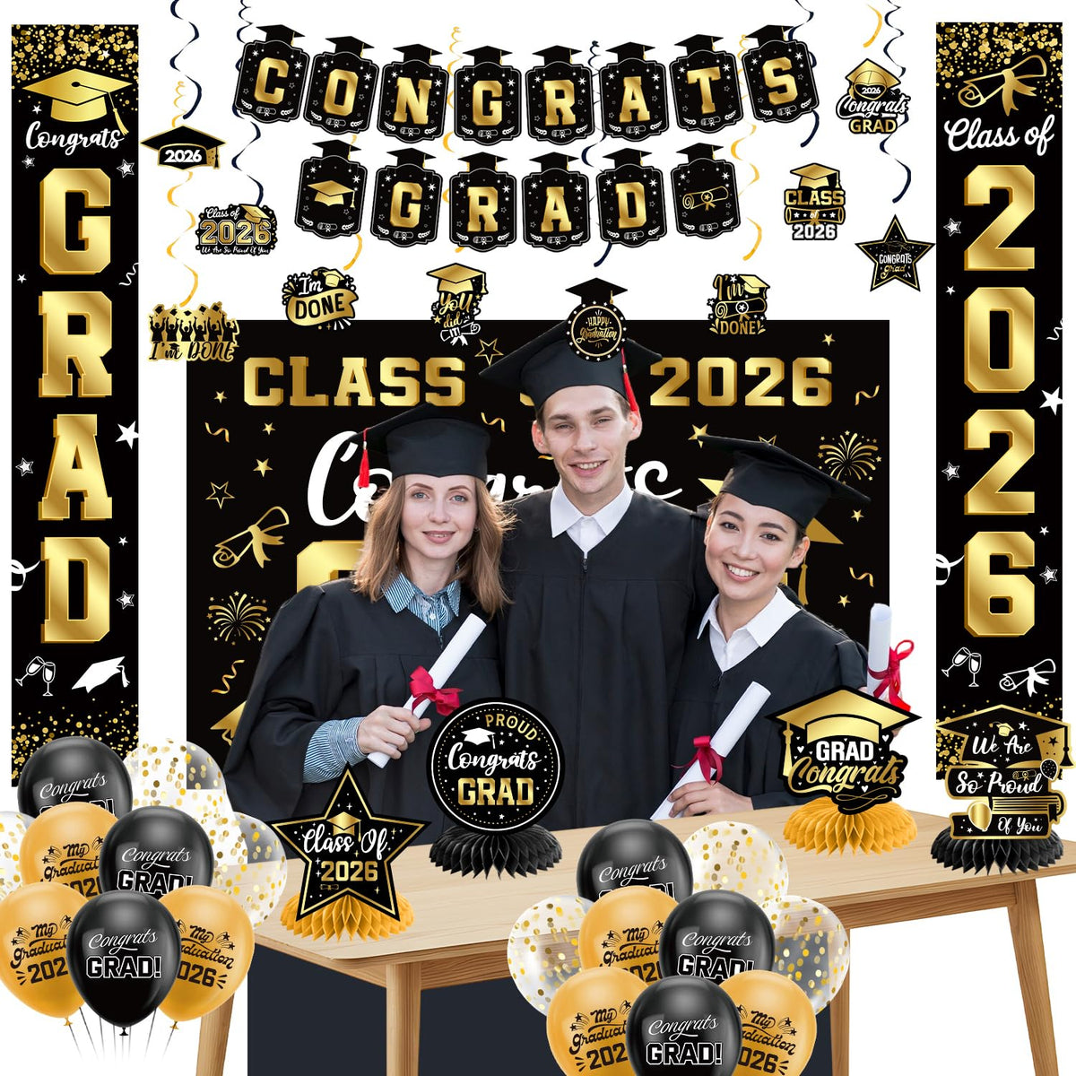 Graduation Decorations 2026 Set Black Gold, Congrats Grad Decor Set with Banner Backdrop Porch