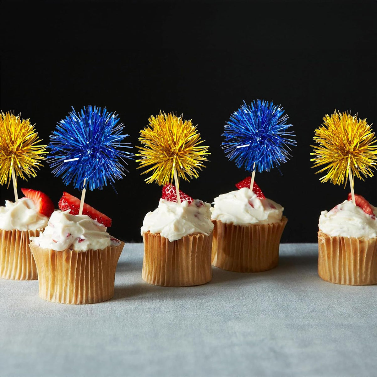 Gyufise 30Pcs Foil Firework Cupcake Toppers Sparkle Tinsel Cake Toppers Tinsel Drink Cake