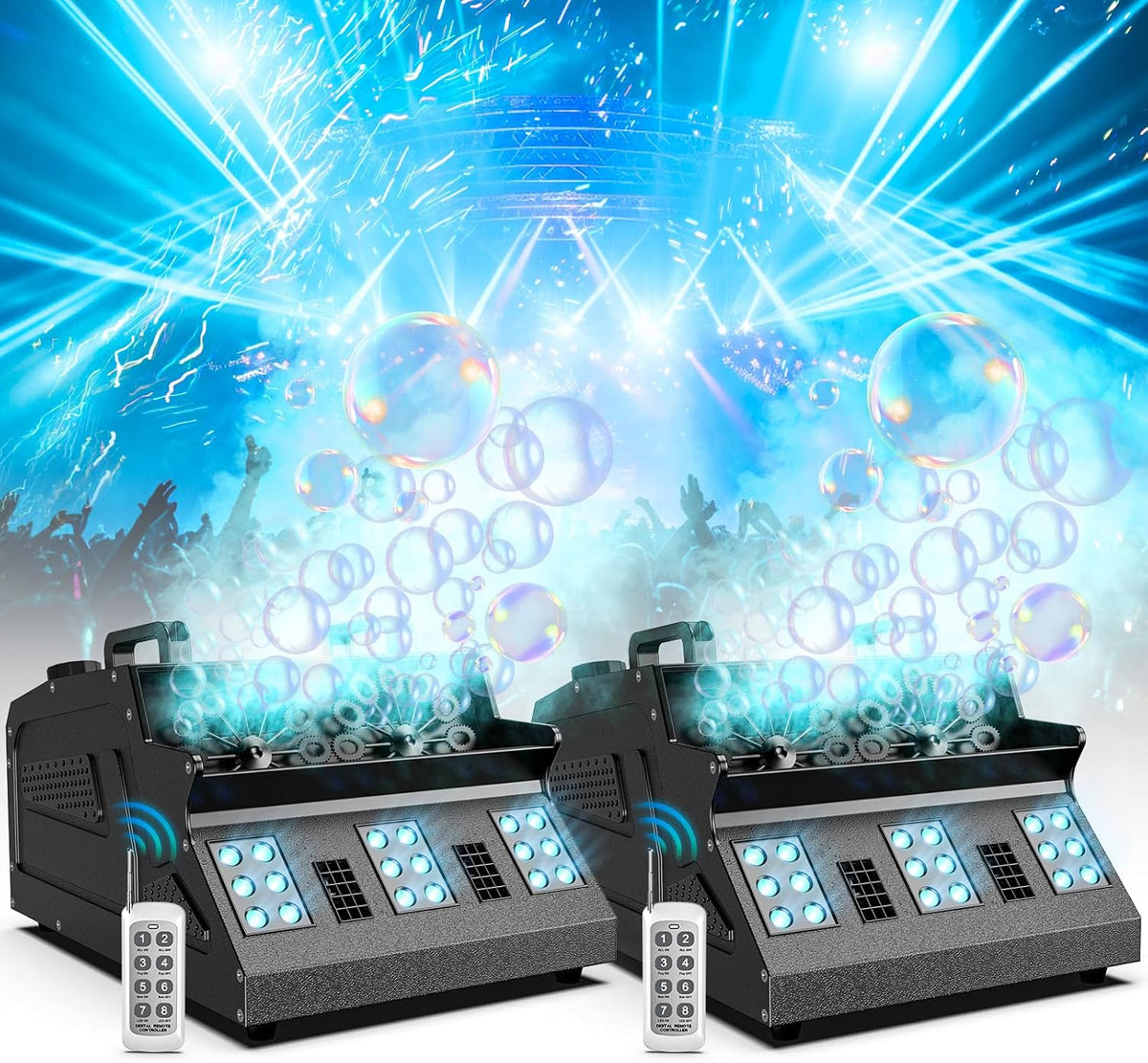 2000W Fog Machine, 3 in 1 Fog Bubble Machine with 2 Bubble Fans, 18 RGB LED Lights Smoke Bubble ALL