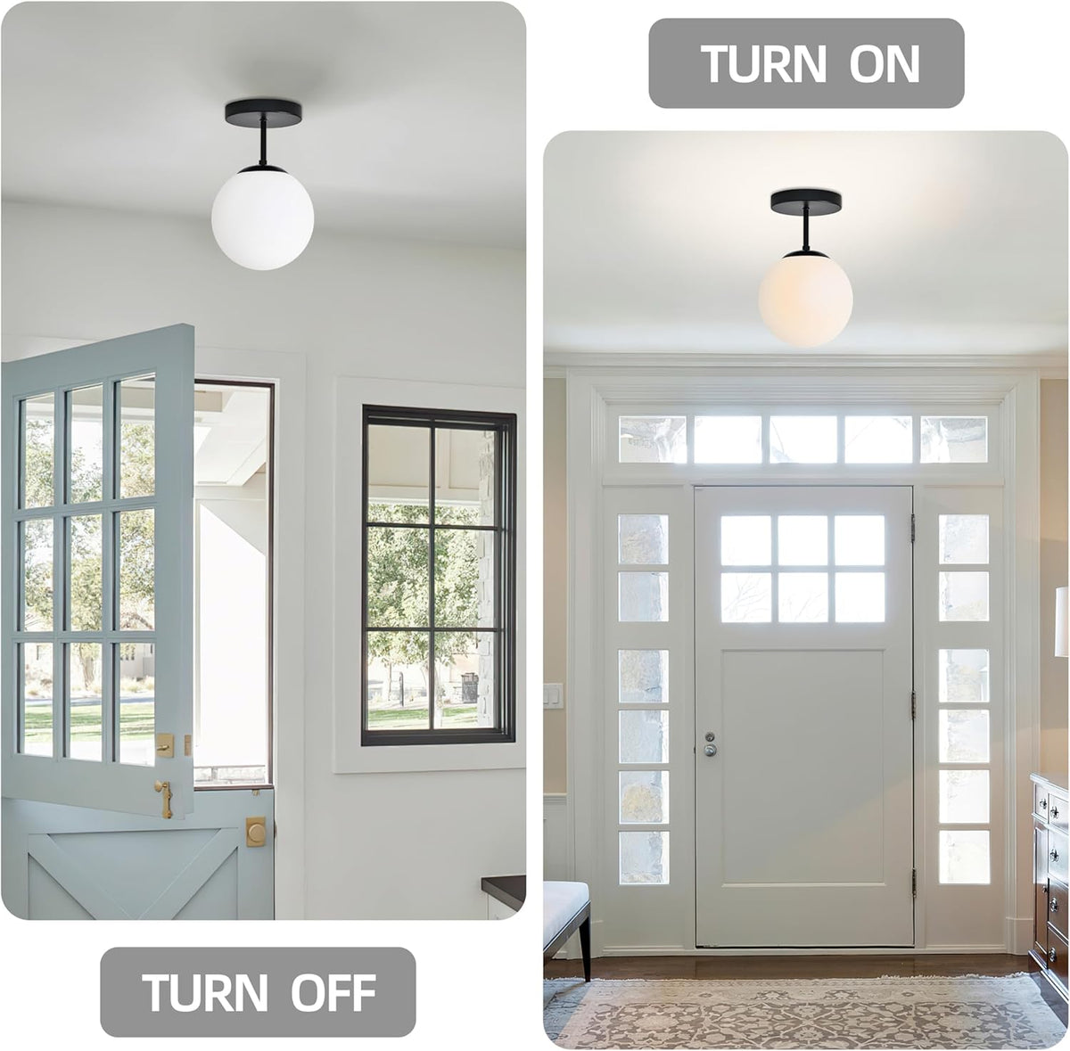 8" Black Semi Flush Mount Ceiling Light Fixture Milk Glass Globe Ceiling Light Fixtures Hallway