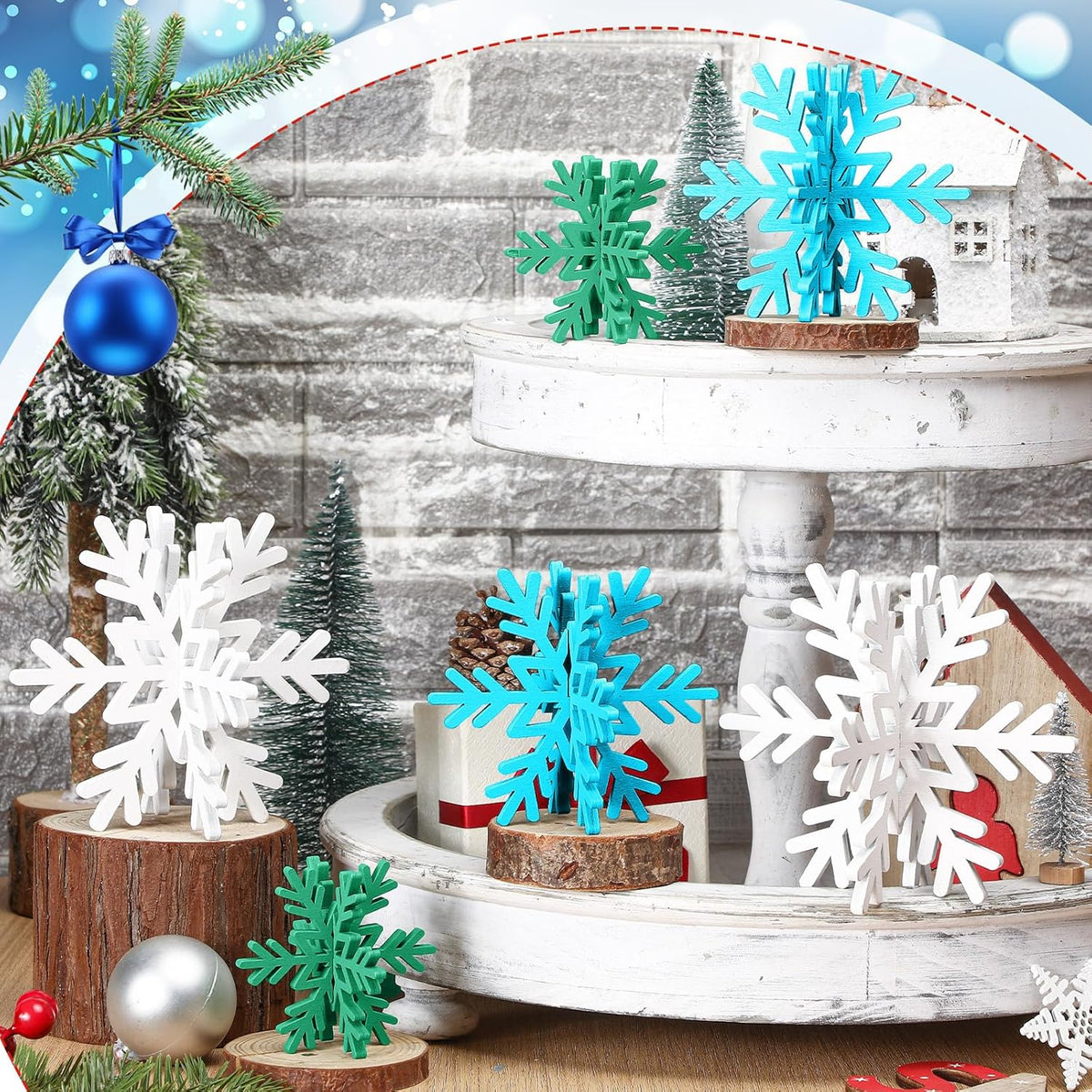 Bucherry 12 Pcs Wooden Snowflake Table Decor 3D Snowflake Tabletop Signs and Centerpiece for