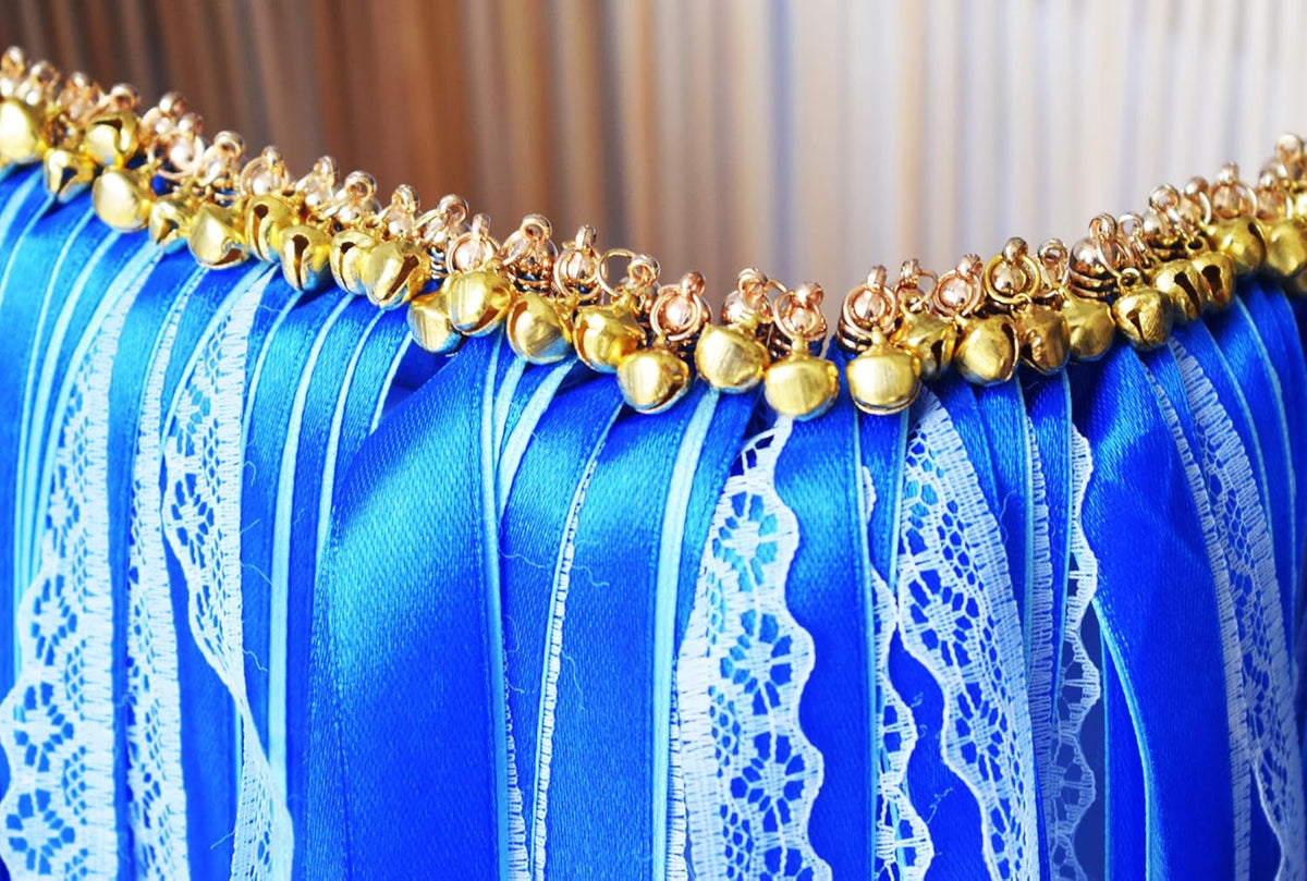 100 Pack Blue Lace Wedding Ribbon Wands Streamers with Bells Silk Fairy Wands Sticks Wedding Exit