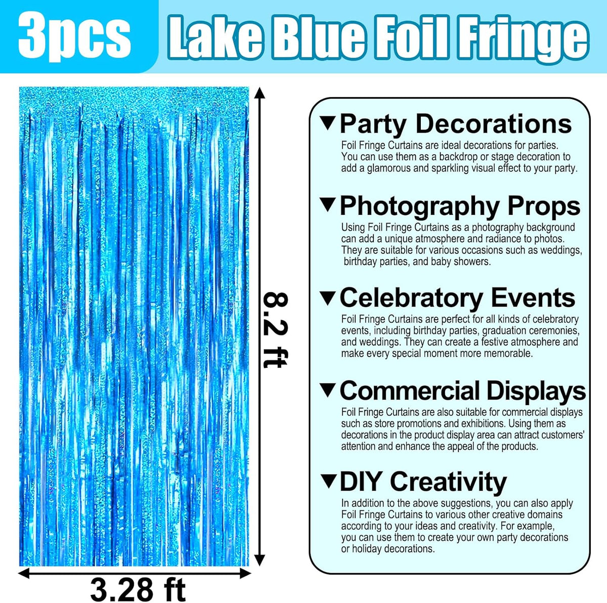 3 Pack Lake Blue Foil Fringe Curtain Backdrop, 3.28Ft x 8.2Ft Metallic Tinsel Foil Fringe Streamer