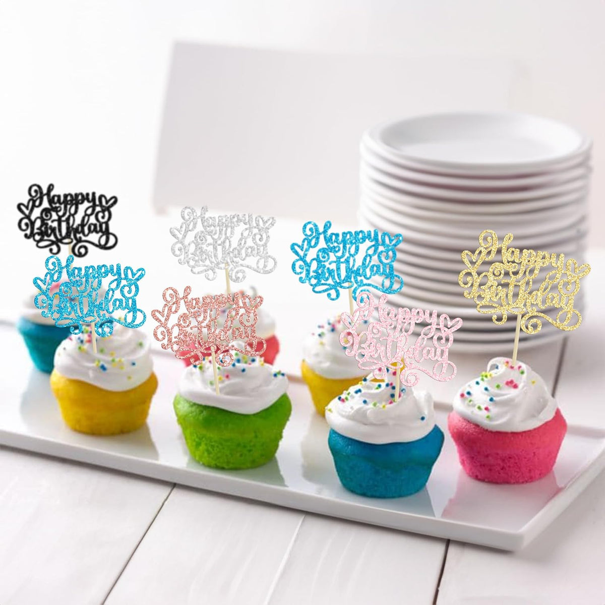 Gyufise 24Pcs Happy Birthday Cupcake Toppers Glitter Happy Birthday Cupcake Picks for Celebrating