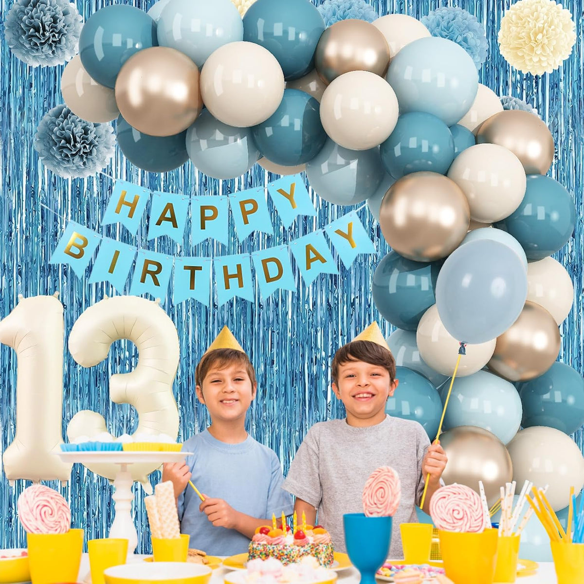 Dusty Blue 13th Birthday Party Decorations Boys Girls Beige Cream Number 13 Balloon with Blue Gold