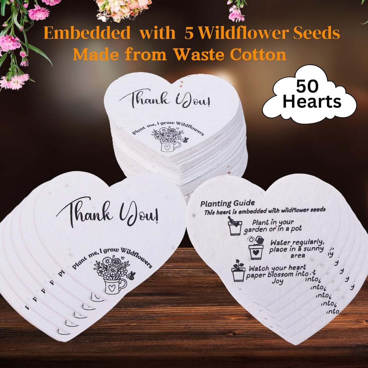 50 Plantable Seed Paper Hearts - Thank You Cards 2.5in x 2in | Handmade Seed Paper Embedded with