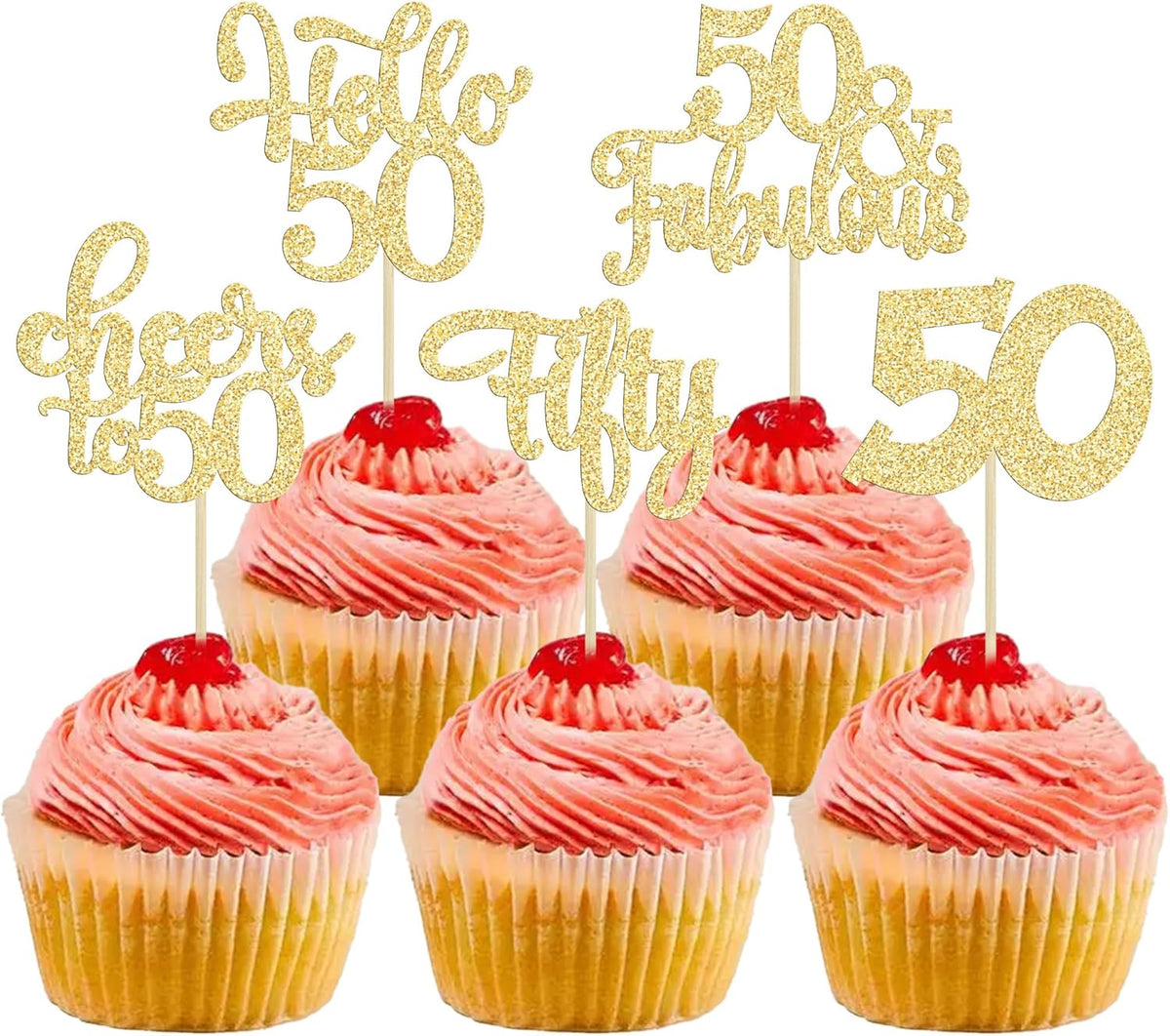 30Pcs Happy 50th Birthday Cupcake Toppers Gold Glitter Fifty Cheers to 50 Years Old Birthday
