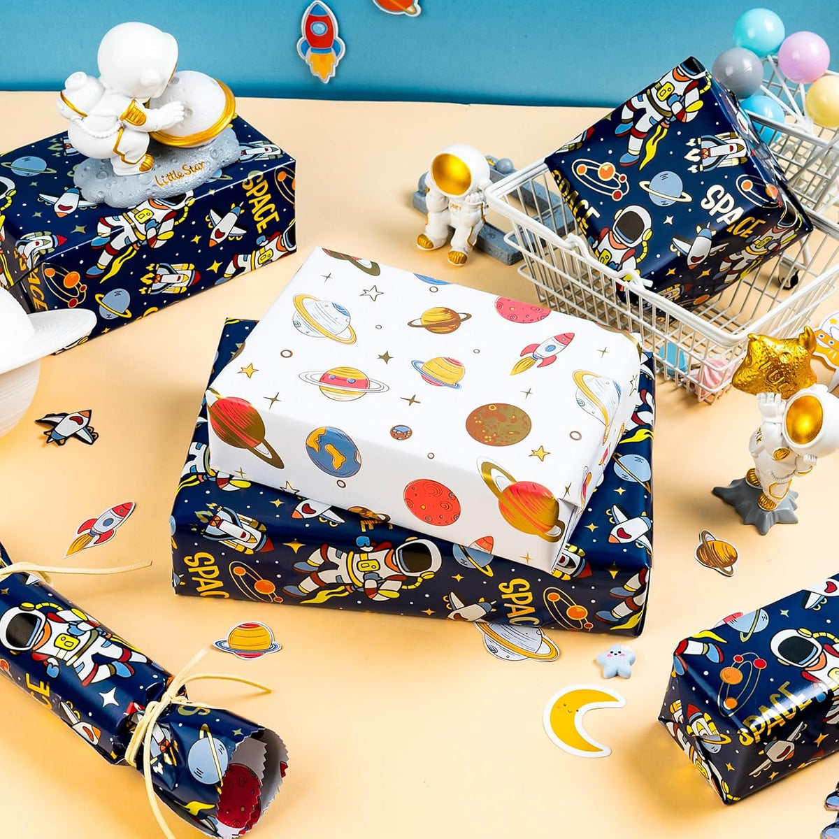 Yarcony Space Wrapping Paper Roll, Birthday Wrapping Paper for Boys, Navy Blue Astronaut Gift Wrap