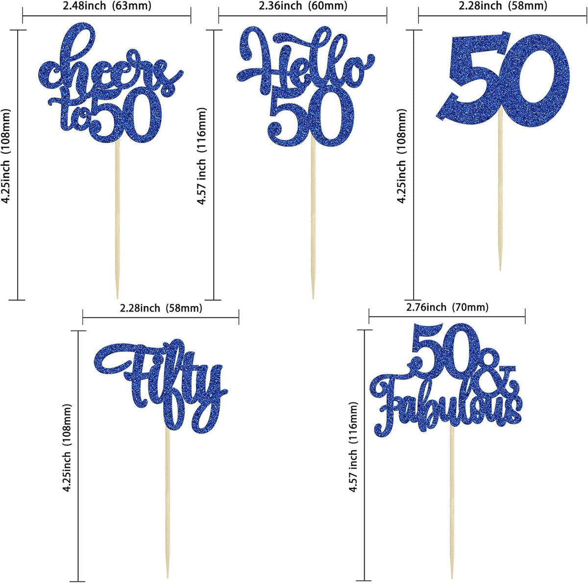 30Pcs Happy 50th Birthday Cupcake Toppers Deep Blue Glitter Fifty Cheers to 50 Years Old Birthday