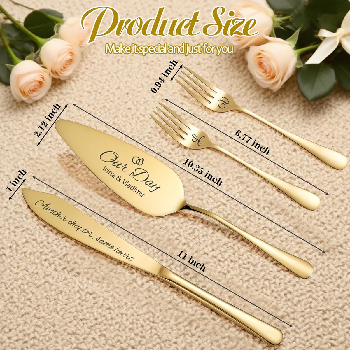 Personalized 4 Piece Wedding Cake Cutting Set, Custom Names Cake Knife and Server set with Forks