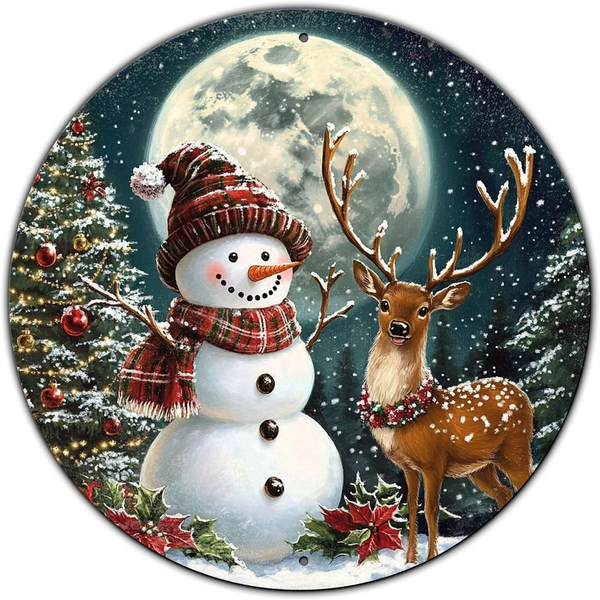 Christmas Snowman Decor Round Metal Tin Sign Christmas Deer Vintage Tin Sign for Home Coffee Wall
