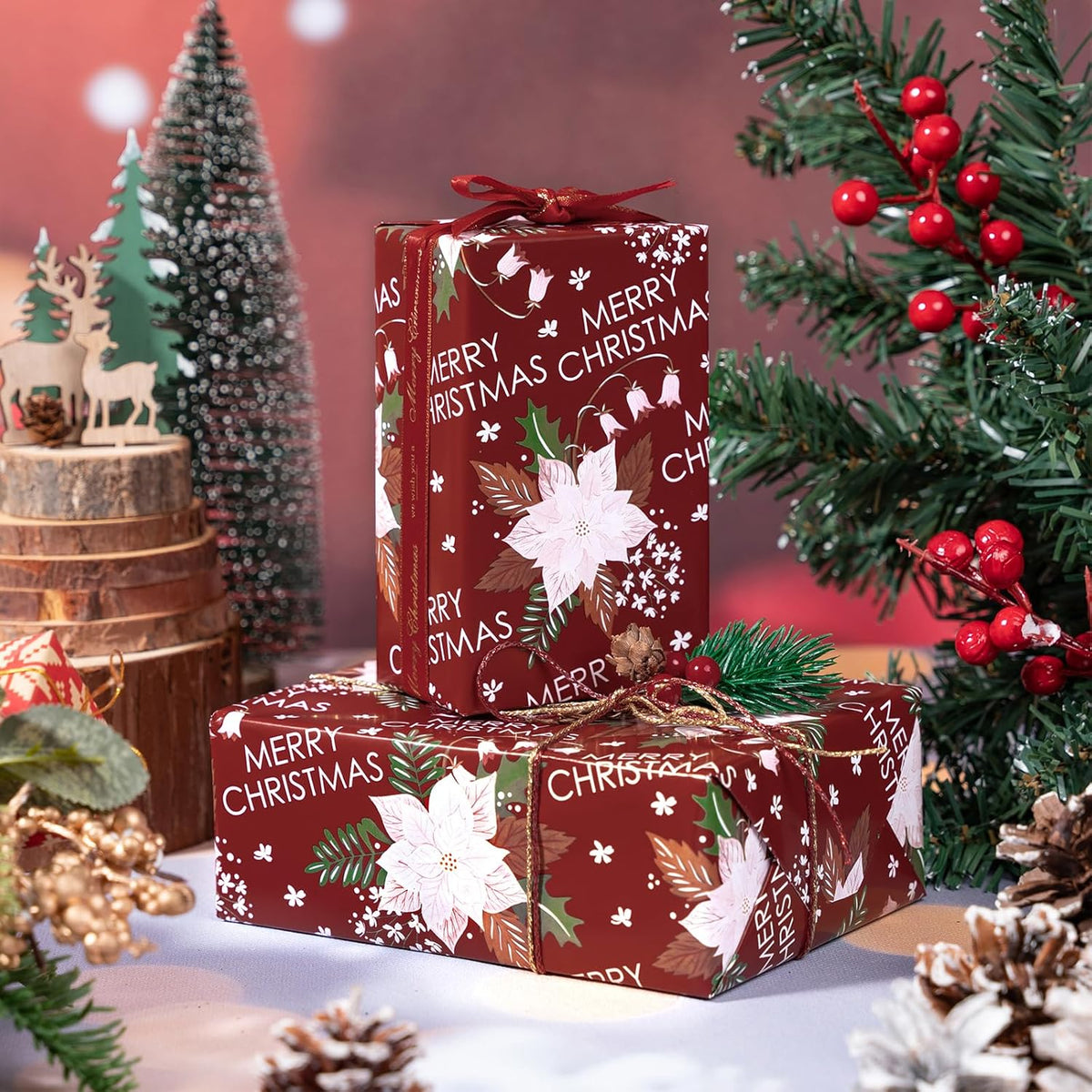 LeZakaa Christmas Wrapping Paper Roll - Red Flower & Merry Christmas Letter Pattern for Holiday
