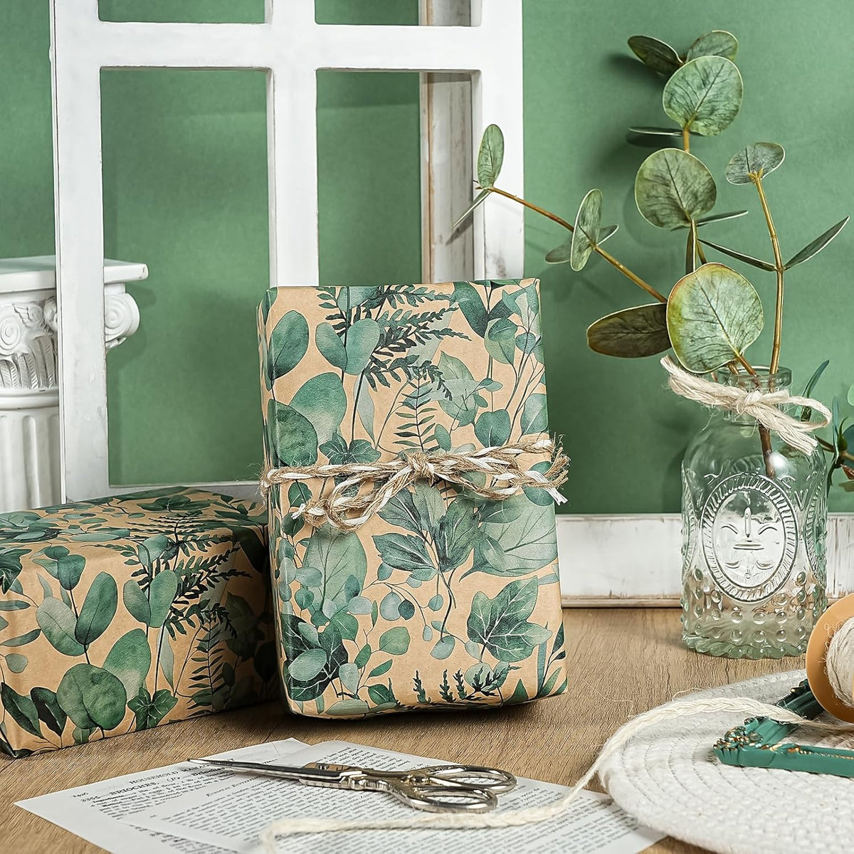 WRAPAHOLIC Kraft Eucalyptus Leaves Wrapping Paper Roll - Mini Roll - 17 Inch x 16.5 Feet - Greenery