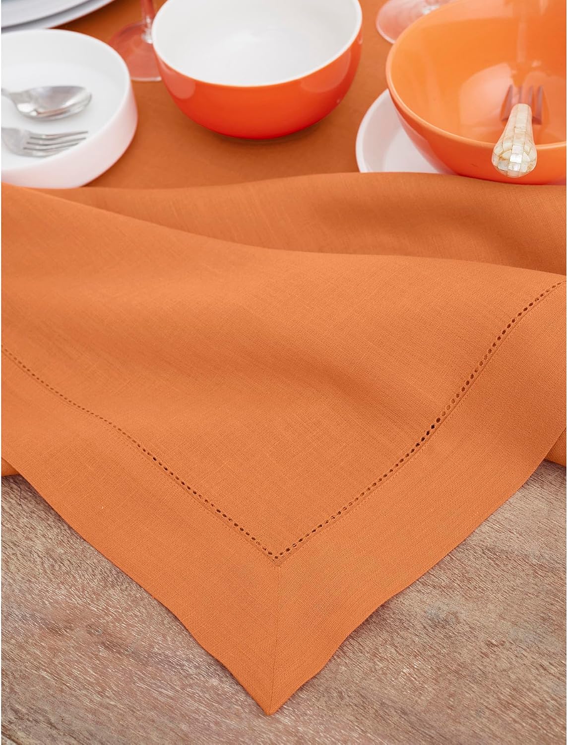 Solino Home Linen Tablecloth 60 x 90 Inch - Classic Hemstitch 100% Pure Linen Pumpkin Table Cloth