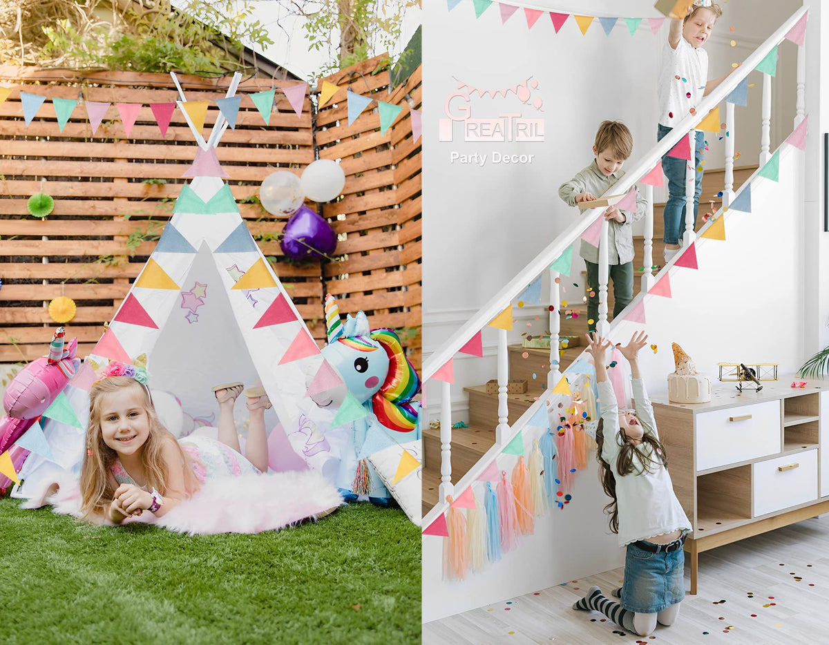 Pennant Banner Flags Pastel - GREATRIL Colorful Triangle Banners for Birthday Easter Classroom