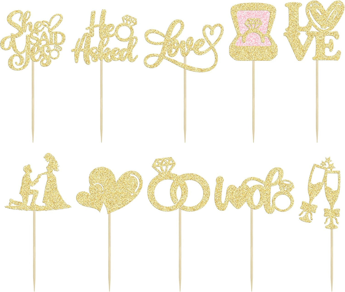 Ephlyn 30Pcs He Asked She Said Yes Cupcake Toppers Glitter Engagement Cupcake Toppers Diamond Ring