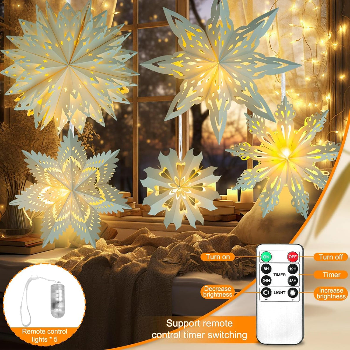 5 Pack Christmas Paper Snowflake Lanterns, Christmas Paper Star Lantern with LED Light White