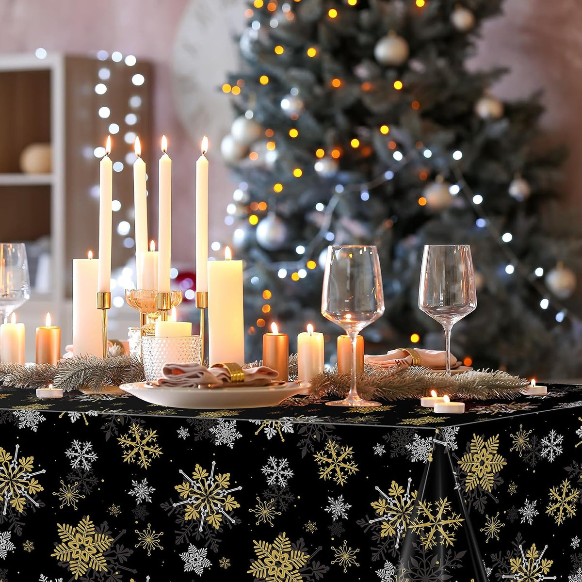 6Pcs Christmas Snowflake Party Tablecloths Decorations,Plastic Black and Gold Table Cloth,Winter