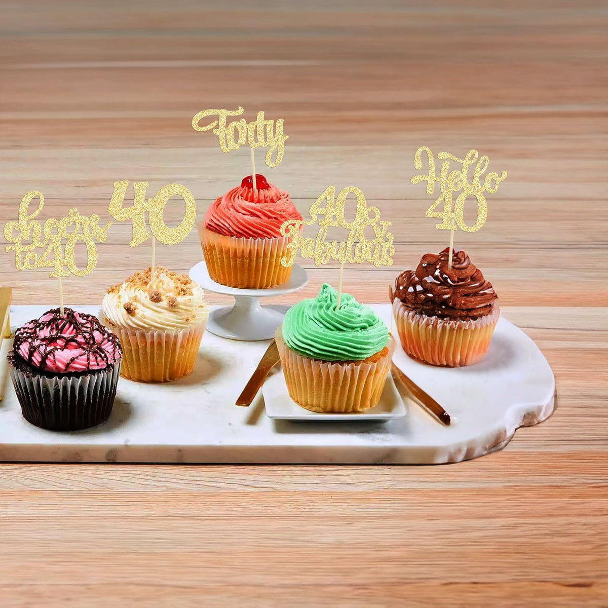 30pcs Happy 40th Birthday Cupcake Toppers - Gold Glitter Forty Cheers to 40 Years Old Cupcake Picks