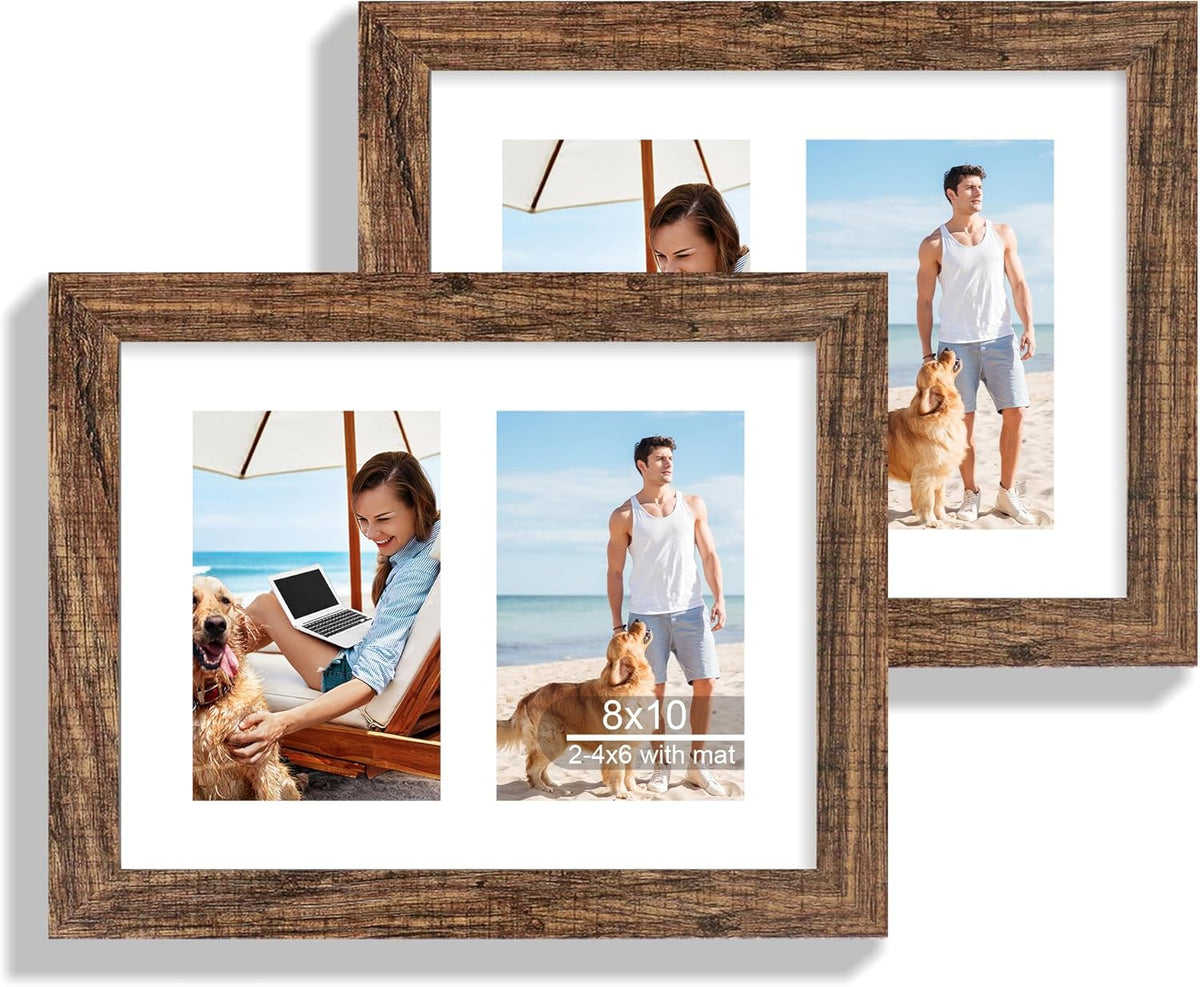 8x10 Picture Frame Set of 2, Rustic Brown Wood Frame with Glass Collage Frame, Display Pictures Two