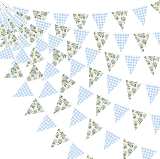 32Ft Blue Flora Party Decorations Blue Gingham HydrangeaTriangle Flag Fabric Banner Pennant Garland